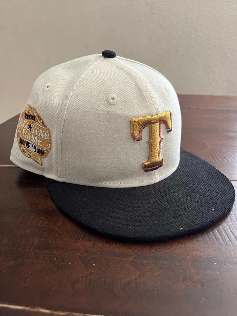 Adult Two-Tone White and Black Baseball Cap with Gold T Patch - Texas Rangers